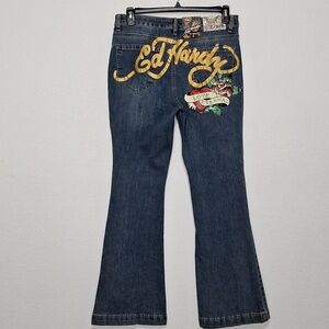 Ed Hardy NEW Blue Streetwear Grunge Love Eternal Slim Flare Denim Jeans Size 30